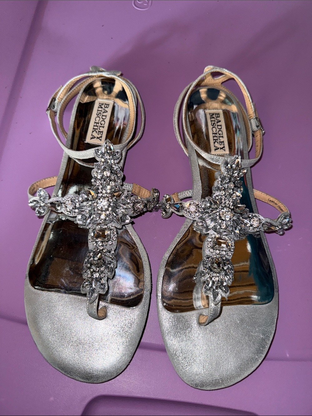 Badgley Mischka Silver Jeweled T-Strap Sandals